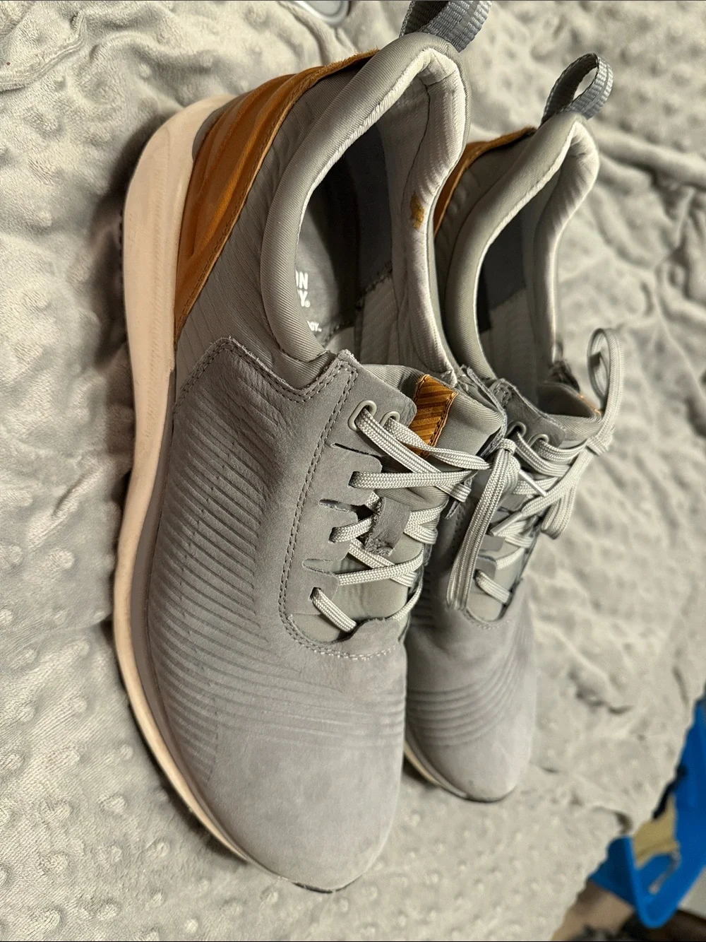 Johnston & Murphy XC4 Gray Sneakers with Brown Heel Accent